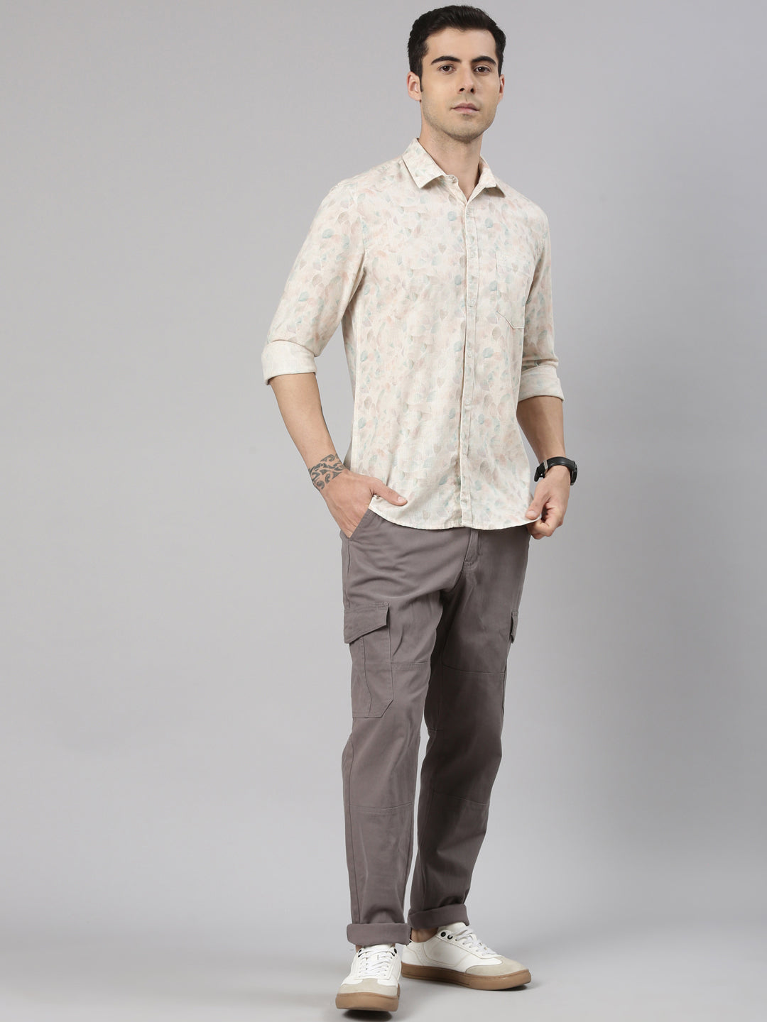 Classic Polo Men's Full Sleeve Beige Polo Neck Slim Fit All-Over Print Cotton Shirt | LSHQ2-94 B-FS-PRT-SF