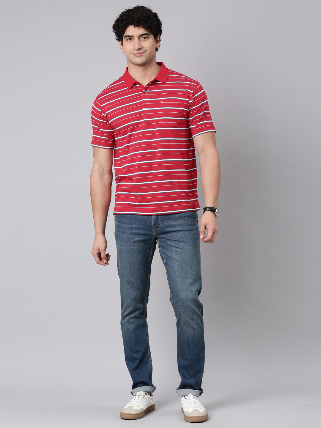 Classic Polo Men's Half Sleeve Red/White Polo Neck Authentic Fit Striped Cotton Blend T-Shirt | FEEDERS - 307 B AF P