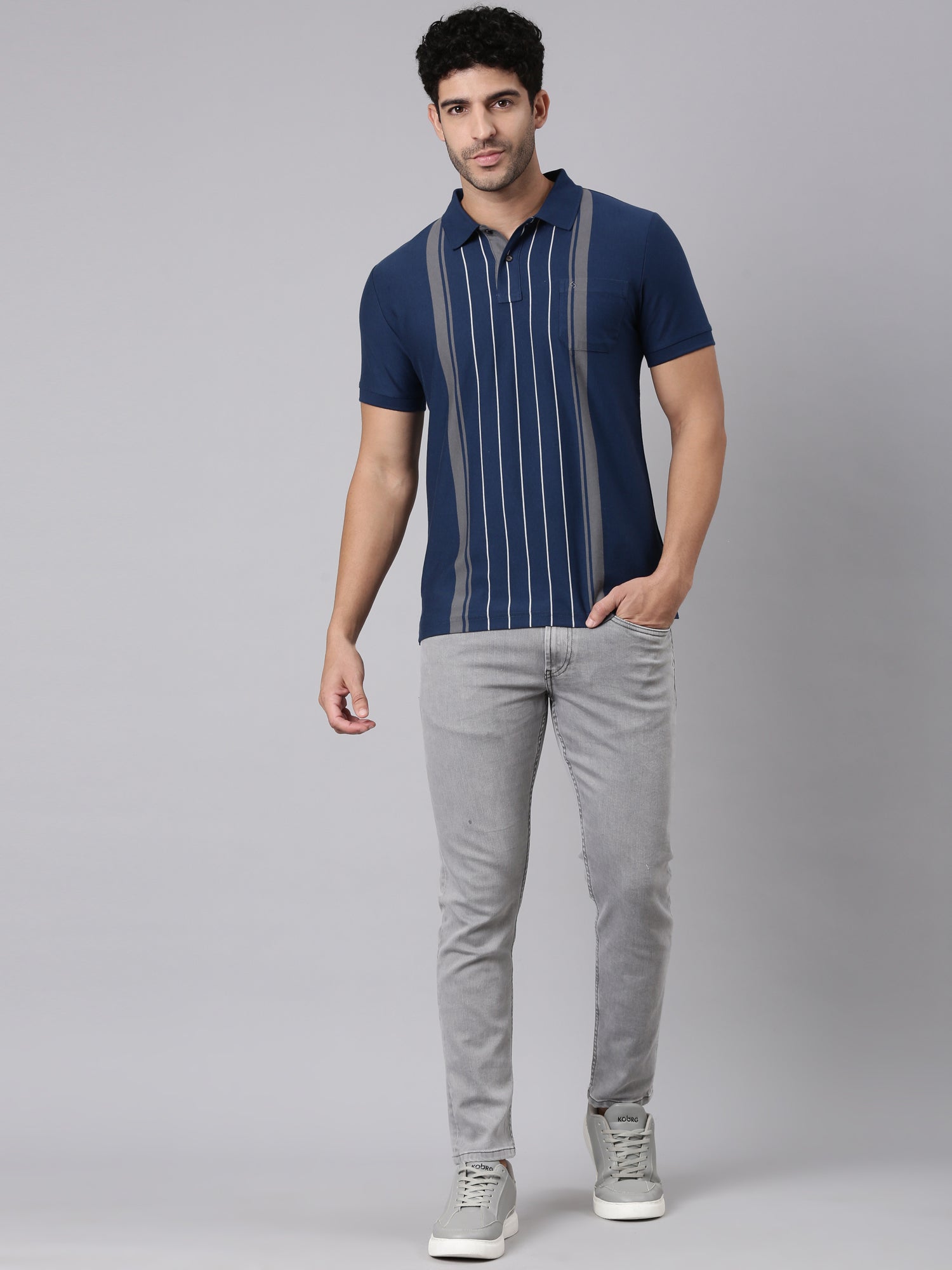 Classic Polo Men's Half Sleeve Navy Blue Polo Neck Slim Fit Striped Cotton Blend T-Shirt | VERTICS - 125 B SF P