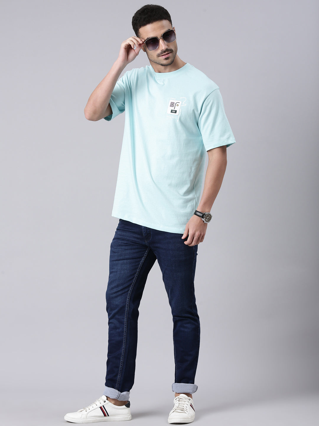 Classic Polo Men's Half Sleeve Lt.Blue Round Neck Printed Cotton Drop Shoulder T-Shirt | GEN-X-CREW 71 B SF C