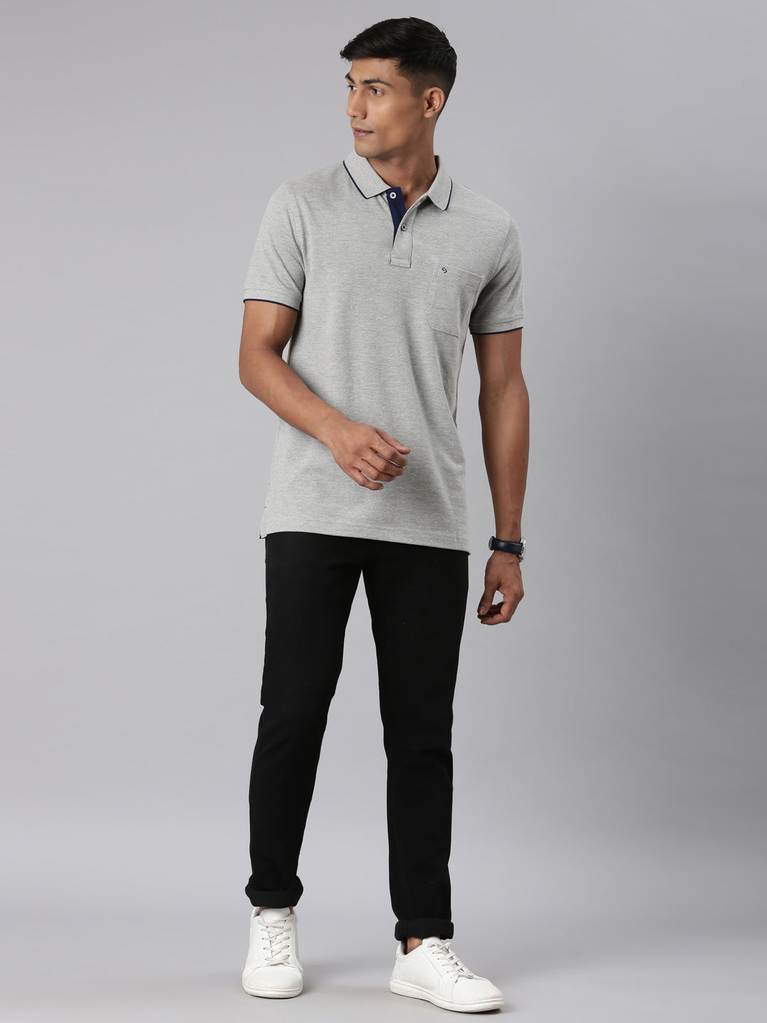 Classic Polo Men's Half Sleeve Grey Polo Neck Slim Fit Solid T-Shirt | ECM-NOVA - GREY MELANGE SF P