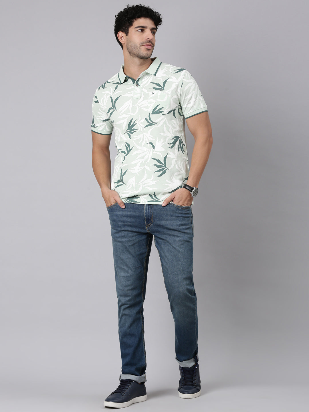 Classic Polo Men's Half Sleeve Light Green Polo Neck Slim Fit All-Over Print Cotton T-Shirt | BEAU - 313 B SF P