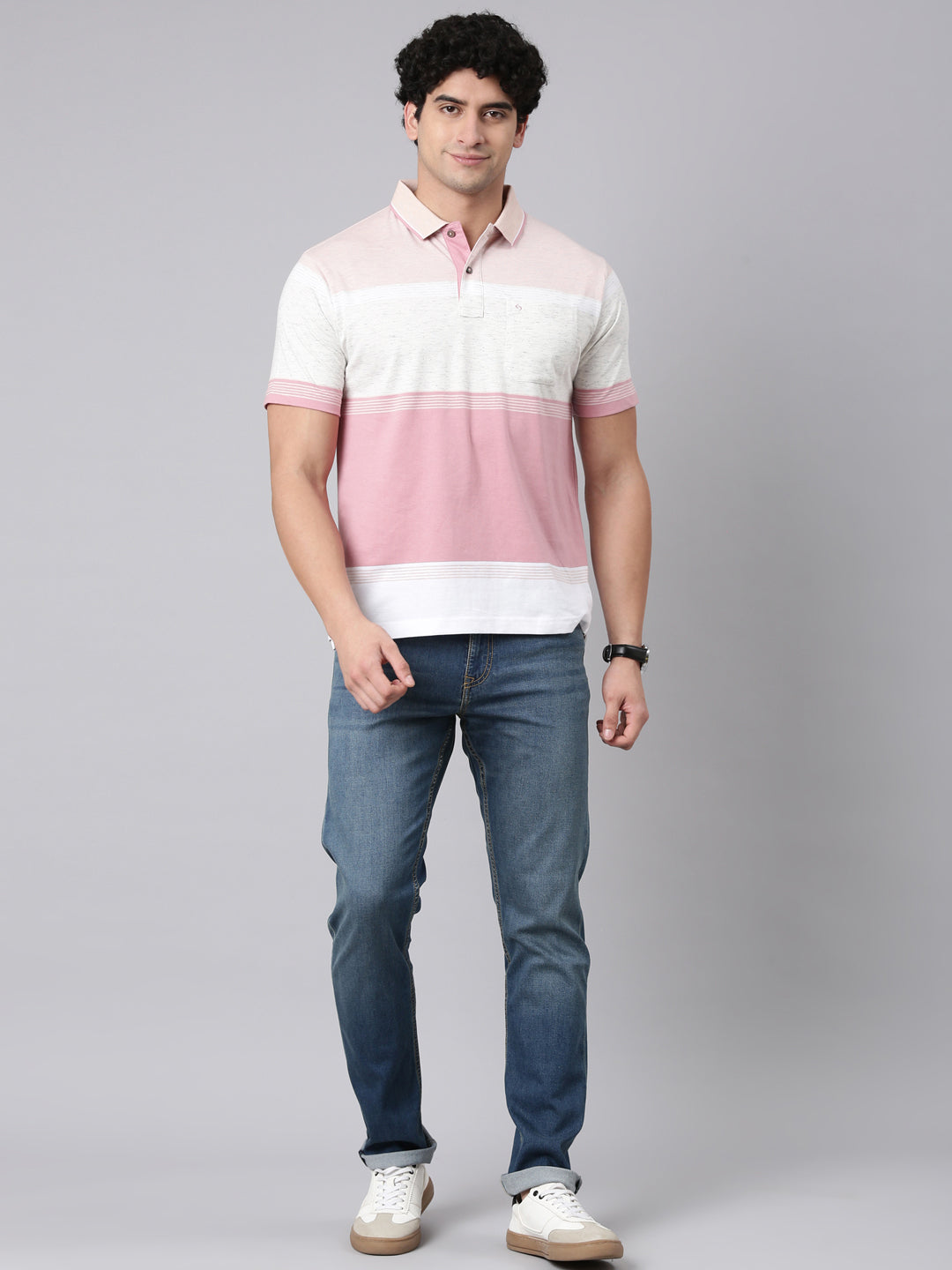 Classic Polo Men's Half Sleeve Mauve/Grey Polo Neck Authentic Fit Colorblock Cotton Blend T-Shirt | MEL - 288 B AF P