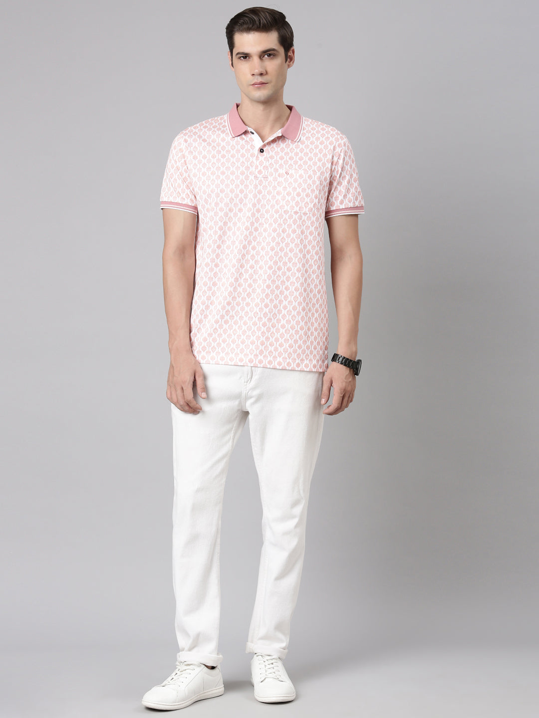 Classic Polo Men's Polo Neck Cotton White/Lt.Pink Slim Fit Printed T-Shirt | BELLO-287 B SF P