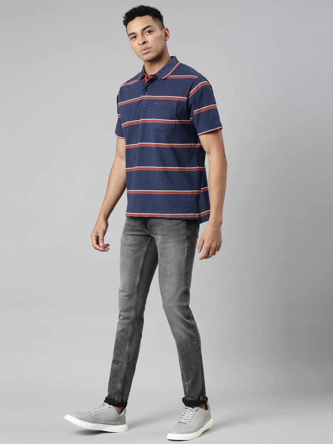 Classic Polo Men's Polo Neck Cotton Navy/Grey Authentic Fit Striped T-Shirt | MEL-254 A AF P