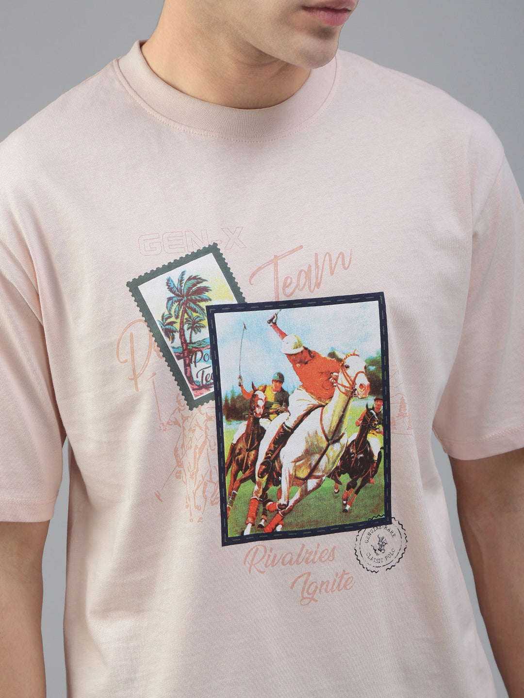 Classic Polo Men's Half Sleeve Beige Crew Neck Slim Fit Printed Drop Shoulder T-Shirt||GEN-X-CREW 73 A SF C