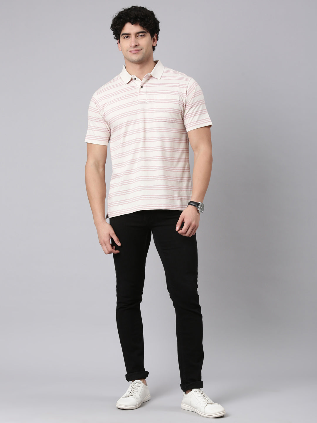 Classic Polo Men's Half Sleeve Beige Polo Neck Authentic Fit Striped Cotton Blend T-Shirt | AVON - 656 A AF P