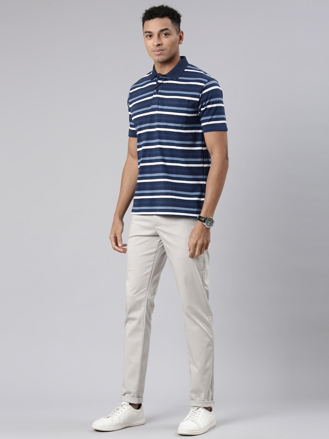 Classic Polo Men's Half Sleeve Navy/White Polo Neck Cotton Blend Authentic Fit T-Shirt | AVON - 575 A AF P