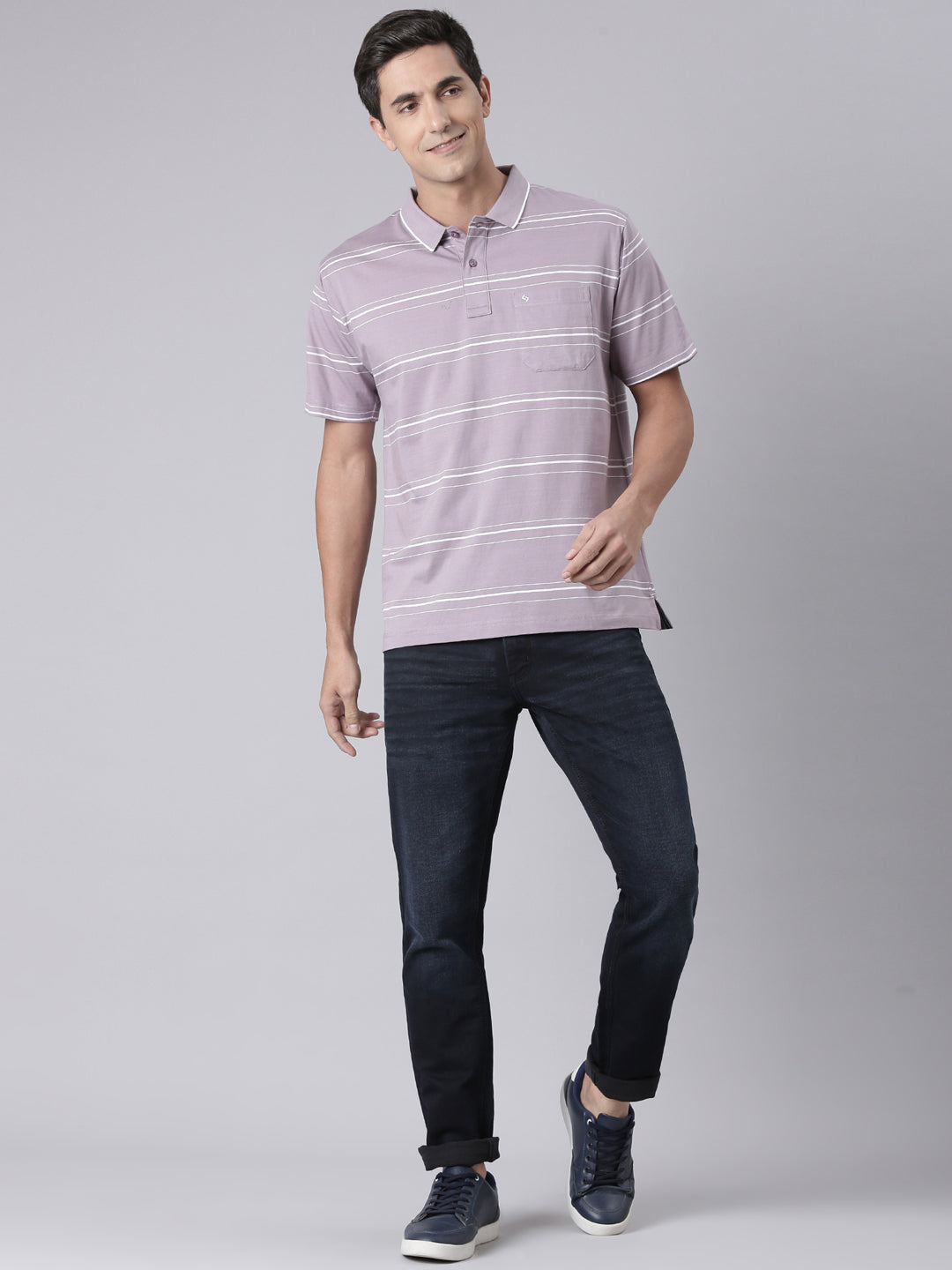 Classic Polo Men's Half Sleeve Lavender/White Polo Neck Authentic Fit Striped Cotton T-Shirt | AP - 143 B AF P