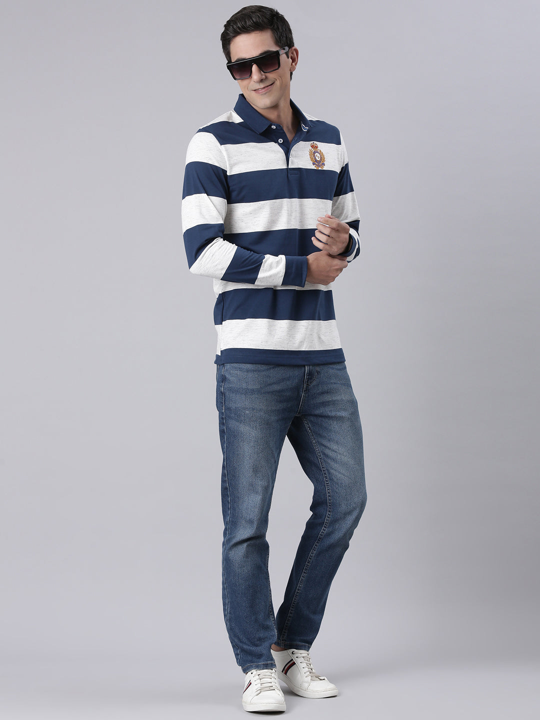 Classic Polo Men's Full Sleeve Navy/Off-White Polo Neck Slim Fit Colorblock Cotton T-Shirt | VERNO - 364 A SF P