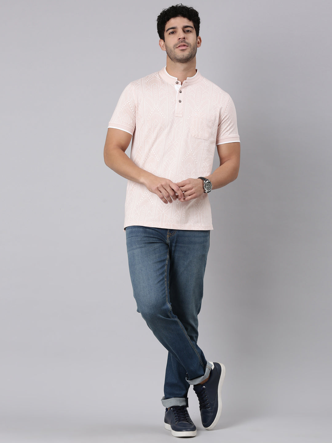 Classic Polo Men's Half Sleeve Light Pink Mandarin Collar Slim Fit All-Over Print Cotton T-Shirt | LTS-AOP - 118 A SF P