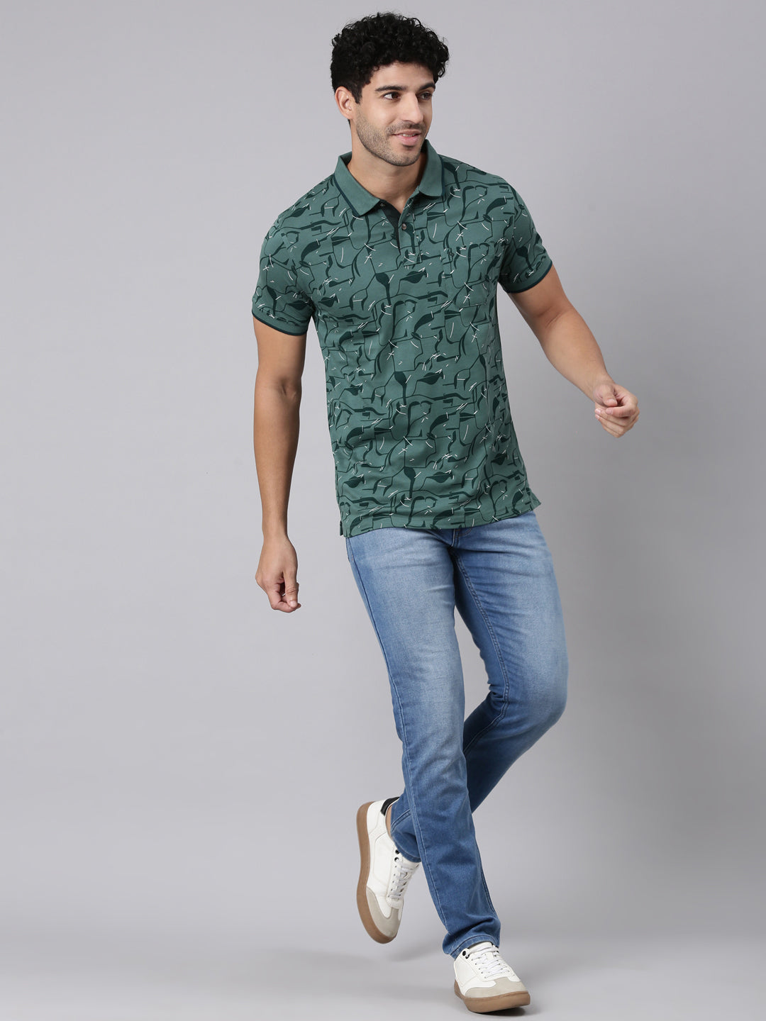 Classic Polo Men's Half Sleeve Dark Green Polo Neck Slim Fit All-Over Print Cotton T-Shirt | BELLO - 407 B SF P