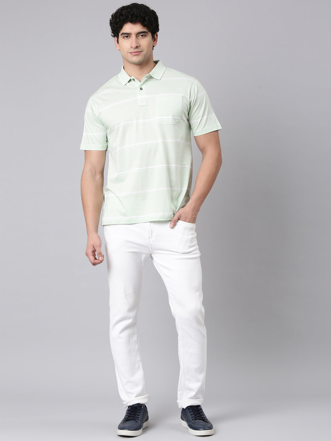 Classic Polo Men's Half Sleeve Light Green Polo Neck Authentic Fit Striped Cotton T-Shirt | AP - 156 A AF P
