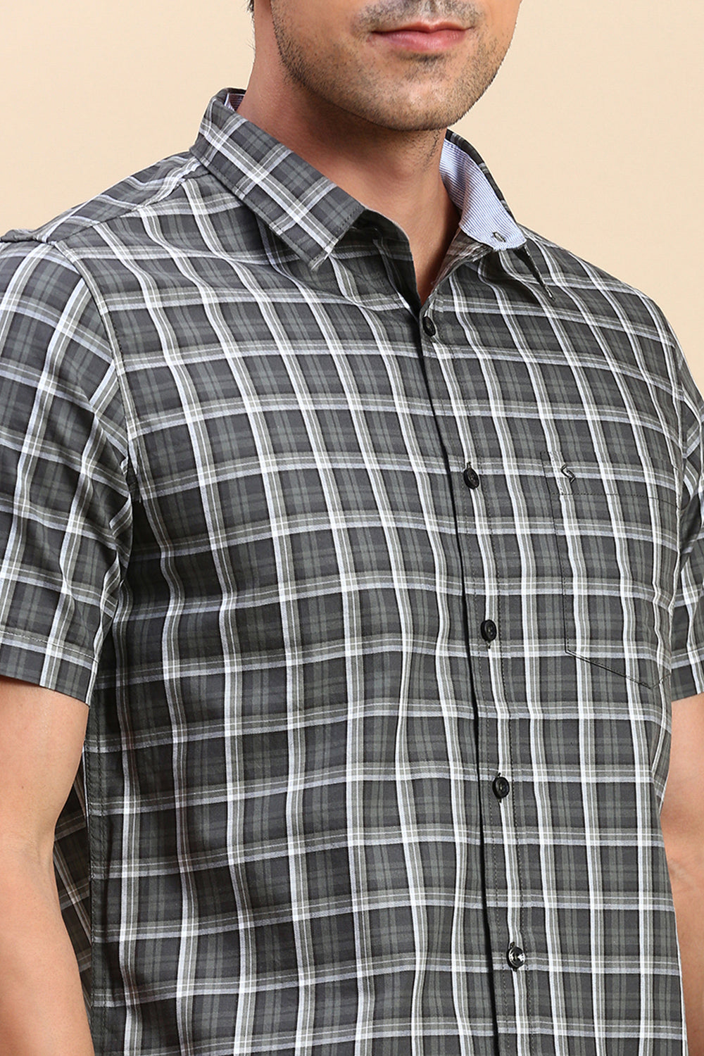 Classic Polo Men's Half Sleeve Olive/White Polo Neck Slim Fit Checked Shirt | SP2-CL-77 A-HS-CHK-SF