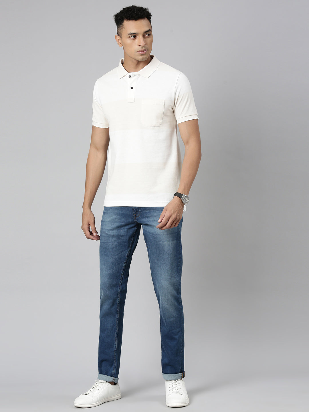 Classic Polo Men's Polo Neck Cotton White Slim Fit Striped T-Shirt | ADORE-217 A SF P