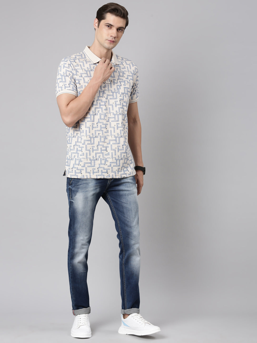 Classic Polo Men's Polo Neck Cotton Beige Slim Fit Printed T-Shirt | BELLO-258 B SF P