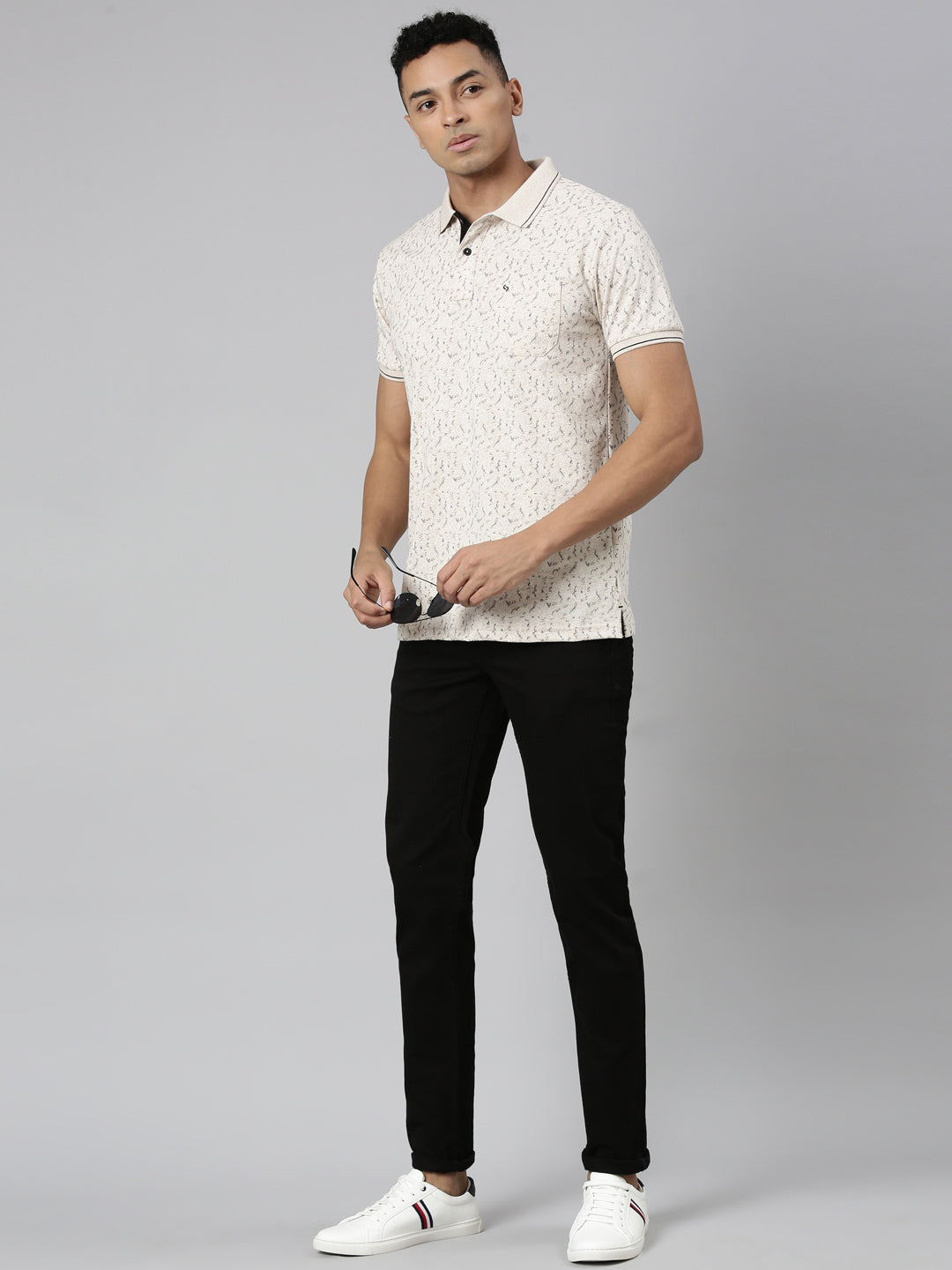 Classic Polo Men's Polo Neck Cotton Lt.Biege Slim Fit Printed T-Shirt | BELLO-255 A SF P
