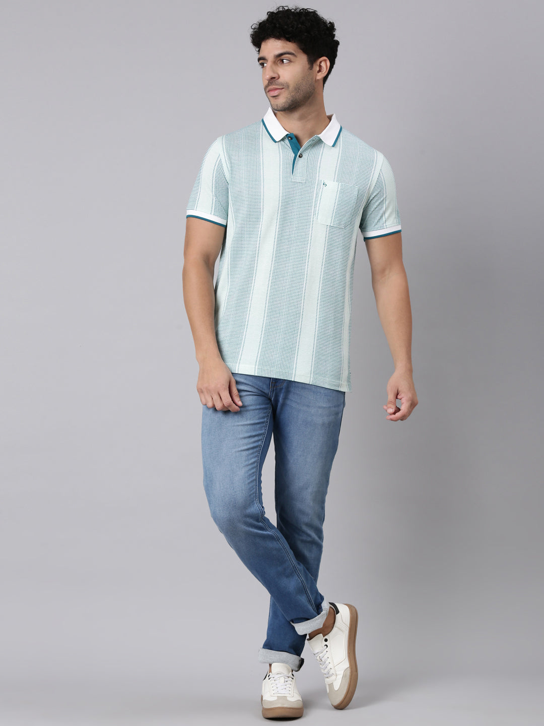 Classic Polo Men's Half Sleeve White/Teal Polo Neck Slim Fit All-Over Print Cotton T-Shirt | BEAU - 302 A SF P