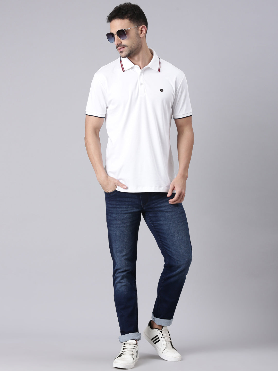 Classic Polo Men's Half Sleeve White Polo Neck Slim Fit Solid Cotton T-Shirt | ELITE-POLO-49 B SF P
