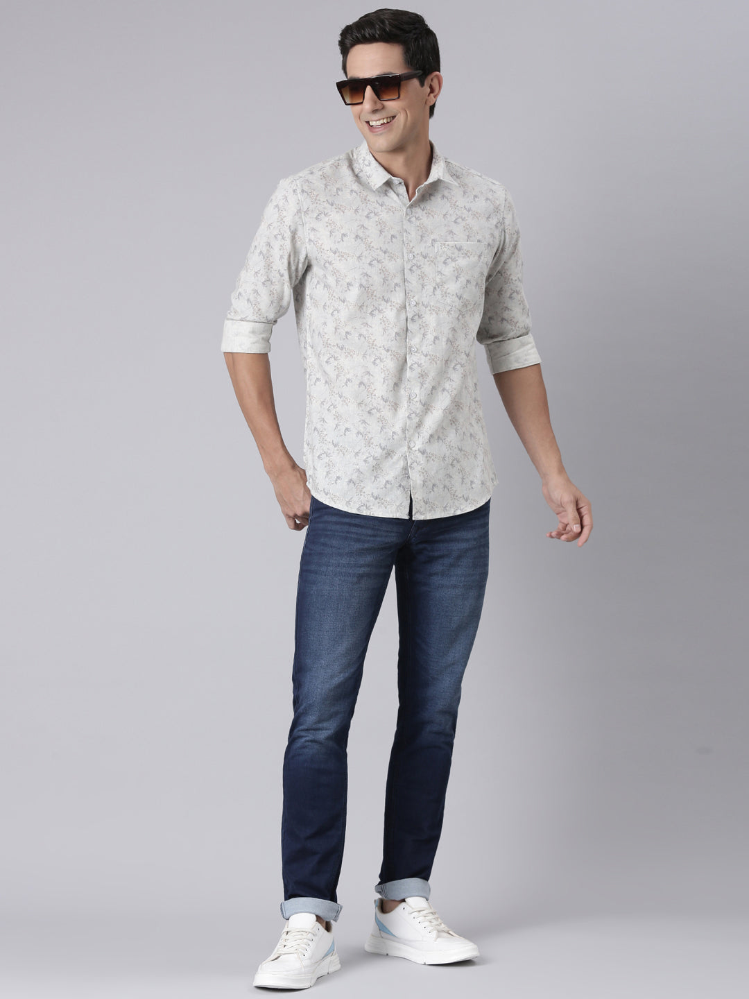 Classic Polo Men's Full Sleeve Off-White Polo Neck Slim Fit All-Over Print Cotton Shirt | LSHQ2-99 B-FS-PRT-SF