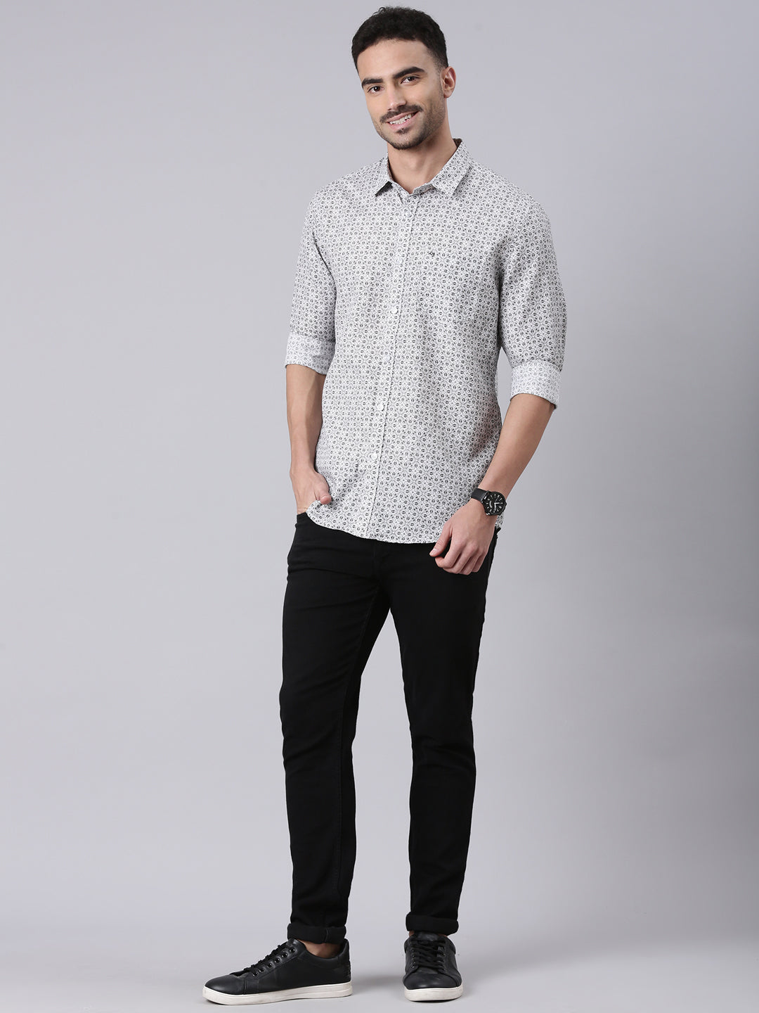 Classic Polo Men's White Polo Neck Printed Cotton Slim Fit Woven Shirt | SQ2-CL-82 A-FS-PRT-SF