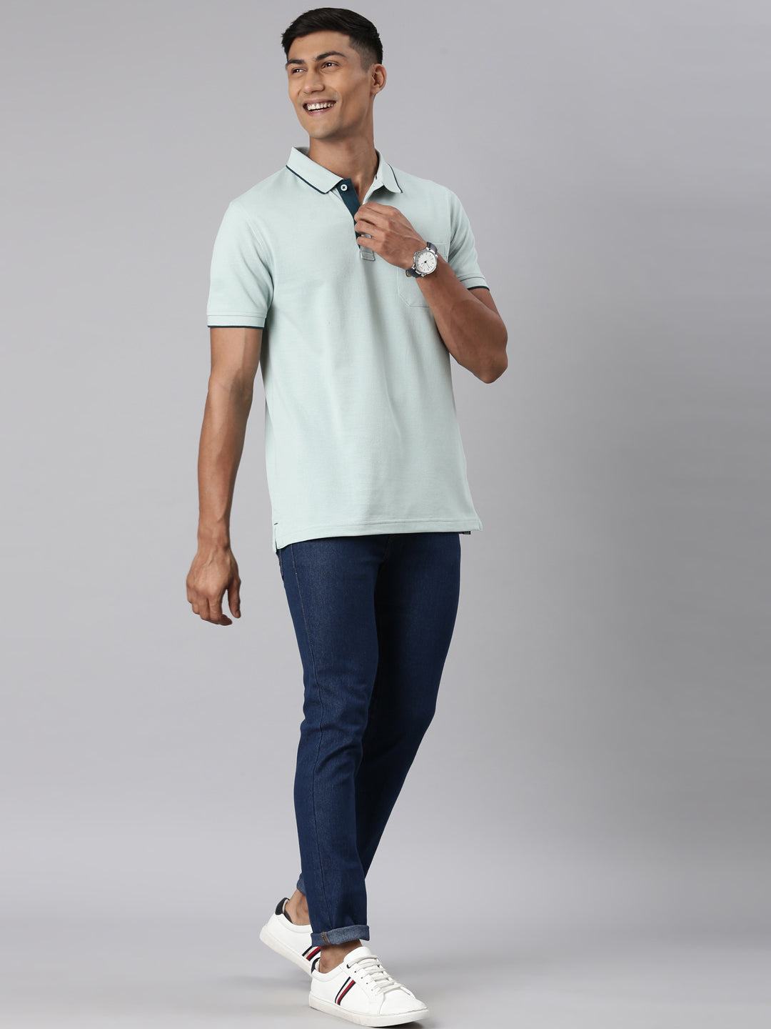 Classic Polo Men's Half Sleeve Lt.Teal Blue Polo Neck Slim Fit Solid T-Shirt | ECM-NOVA-BLUE HAZE SF P