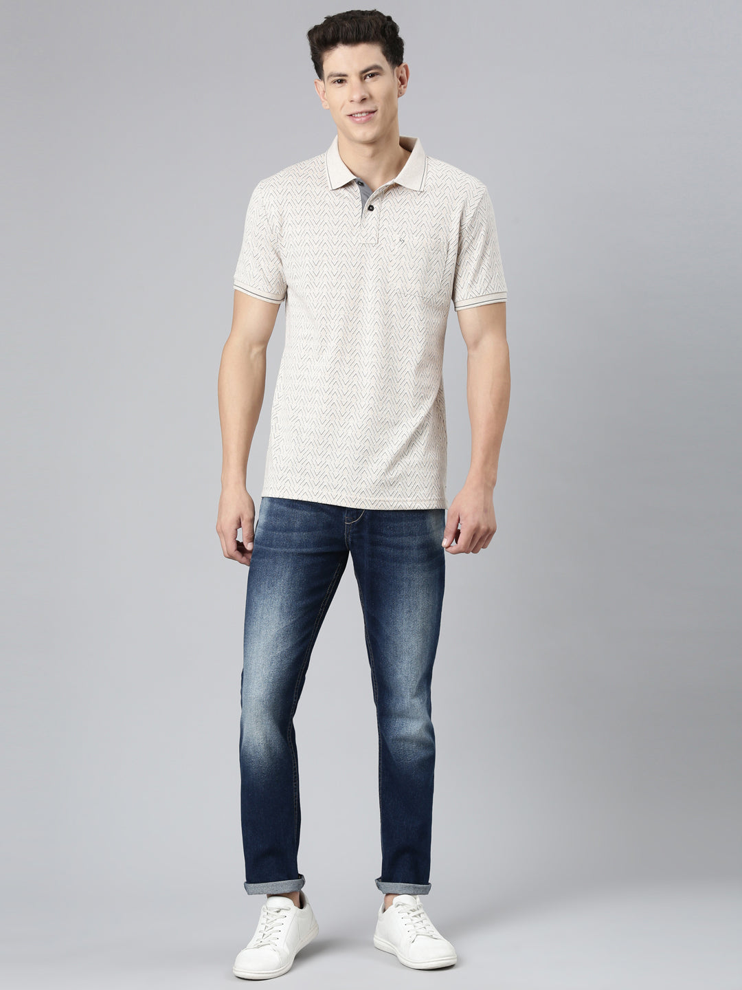 Classic Polo Mens Aop Cream Polo Neck Slim Fit T-Shirt | BEAU - 244 B SF P