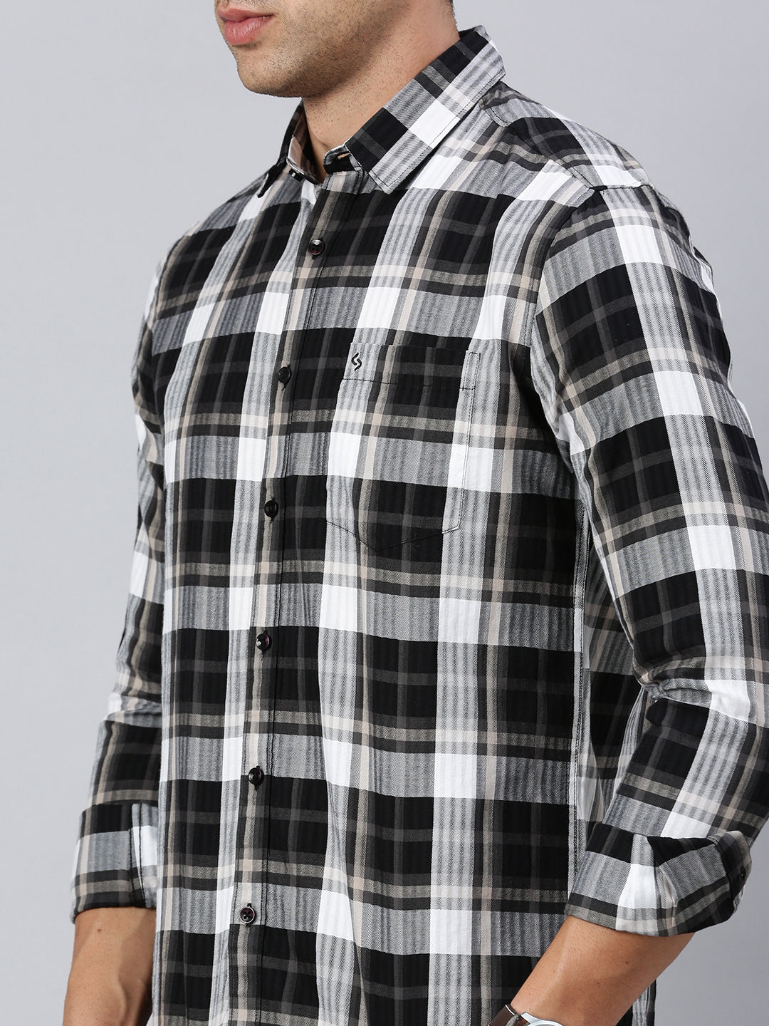 Classic Polo Men's Full Sleeve Black/White Polo Neck Slim Fit Checked Shirt | SP2-CL-02 B-FS-CHK-SF