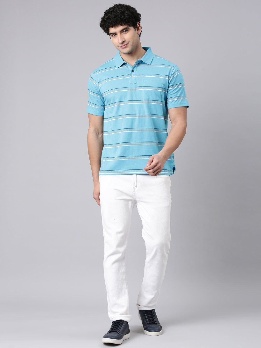 Classic Polo Men's Half Sleeve Blue/White Polo Neck Authentic Fit Striped Cotton Blend T-Shirt | AVON - 647 B AF P