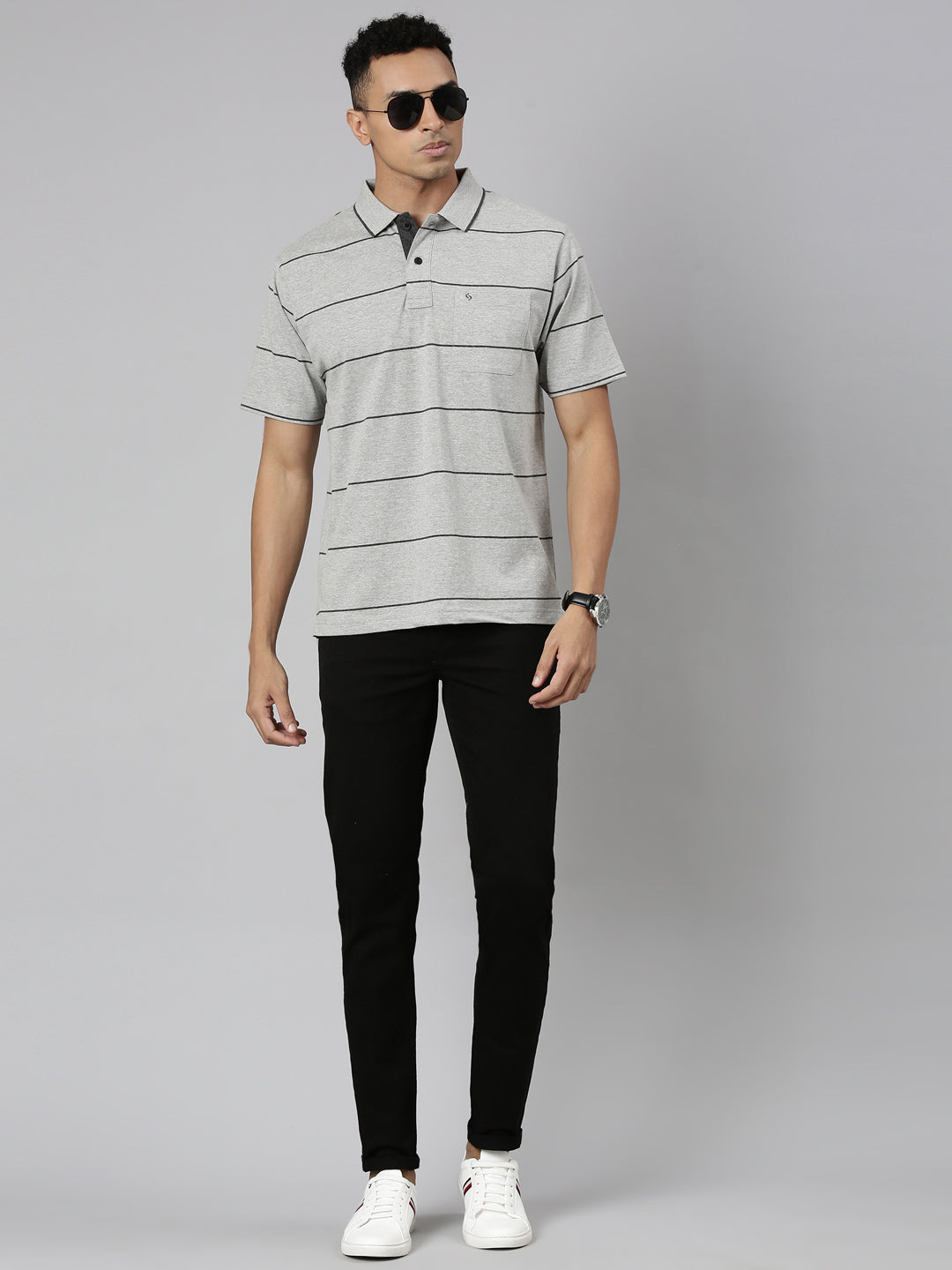 Classic Polo Men's Polo Neck Cotton Navy/Grey Authentic Fit Striped T-Shirt | MEL-255 B AF P
