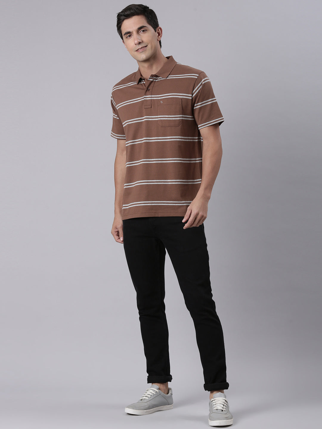 Classic Polo Men's Half Sleeve Brown/Grey Polo Neck Authentic Fit Striped Cotton T-Shirt | LTS-STR - 81 B AF P