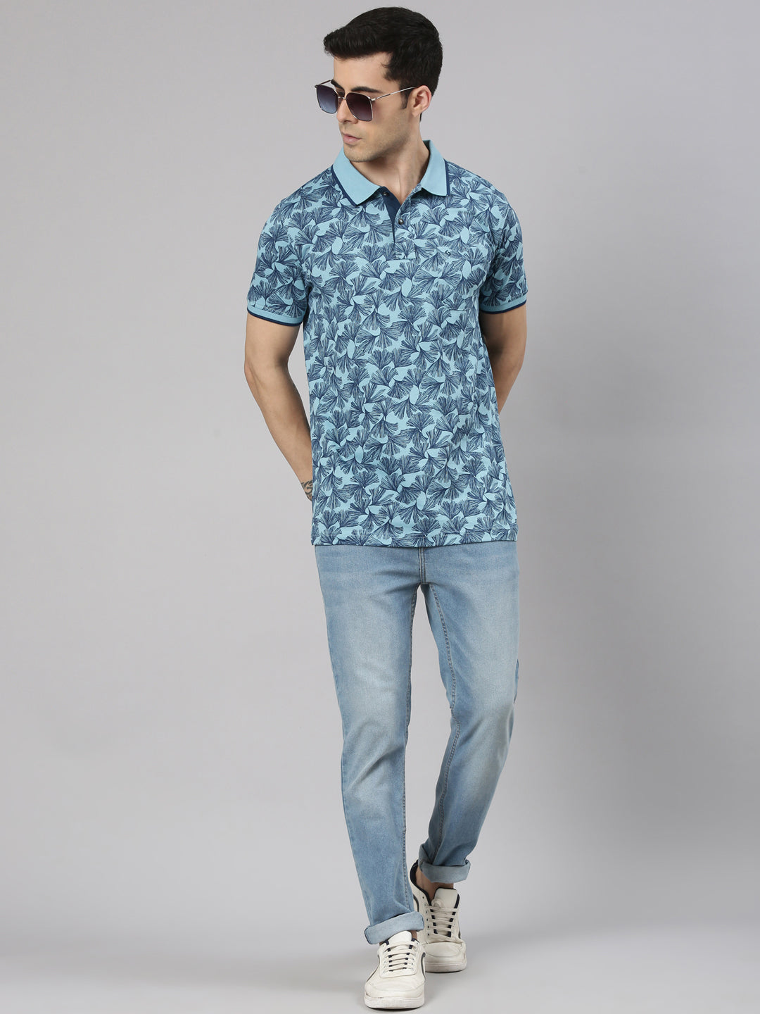 Classic Polo Men's Half Sleeve Blue/Navy Polo Neck Slim Fit All-Over Print Cotton T-Shirt | BELLO - 347 B SF P