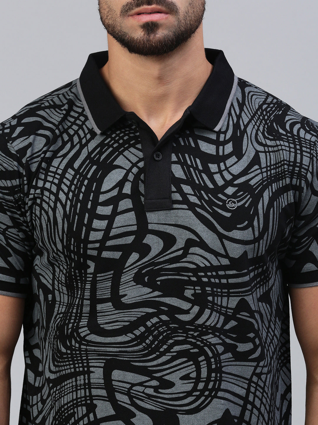 Classic Polo Men's Half Sleeve Grey/Black Polo Neck Slim Fit All Over Print T-Shirt||GENX-POLO 33 B SF P