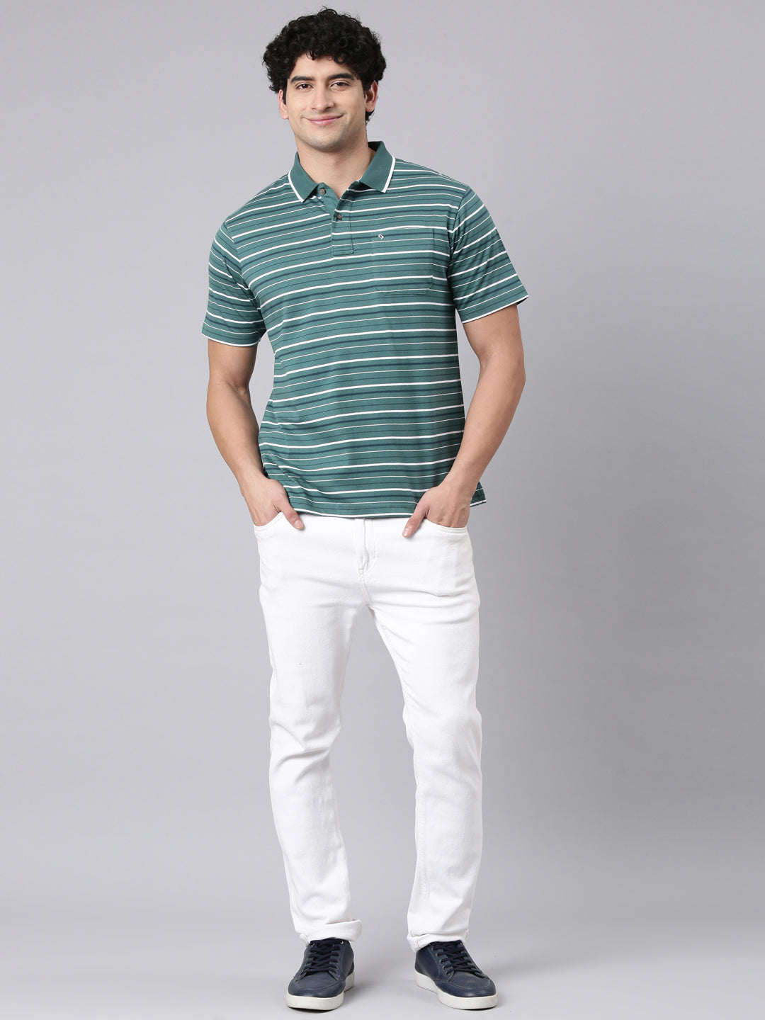 Classic Polo Men's Half Sleeve Green/White Polo Neck Authentic Fit Striped Cotton Blend T-Shirt | FEEDERS - 308 B AF P