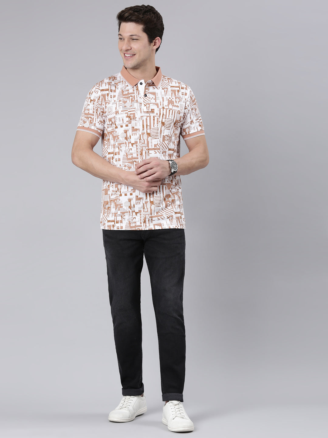 Classic Polo Men's Half Sleeve White/Lt.Brown Polo Neck Cotton Blend Slim Fit T-Shirt | BEAU - 267 B SF P