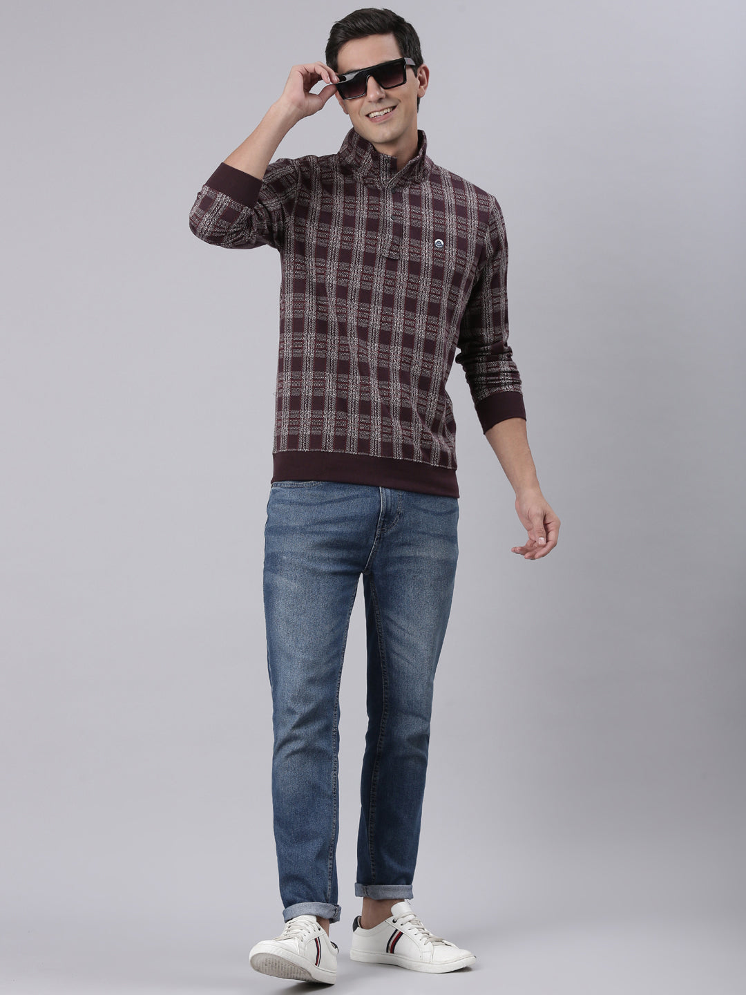 Classic Polo Men's Burgundy High Neck Button Checked  Sweatshirt | CPSS - 504 B