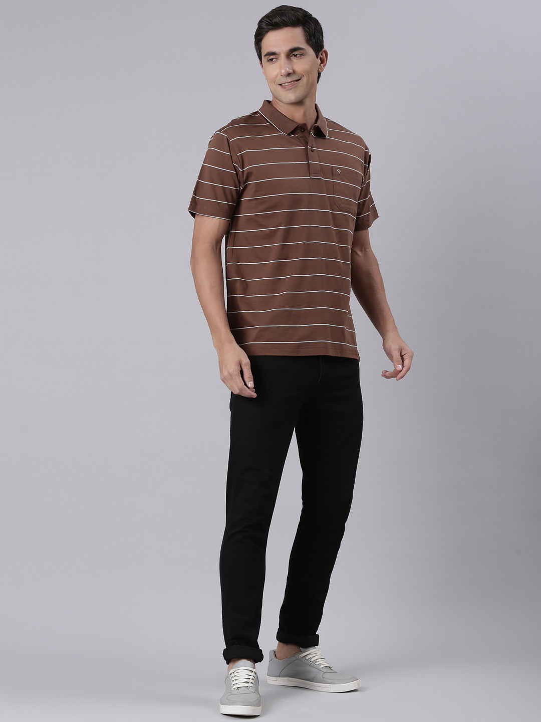 Classic Polo Men's Half Sleeve Brown Polo Neck Authentic Fit Striped Cotton T-Shirt | AP - 142 B AF P