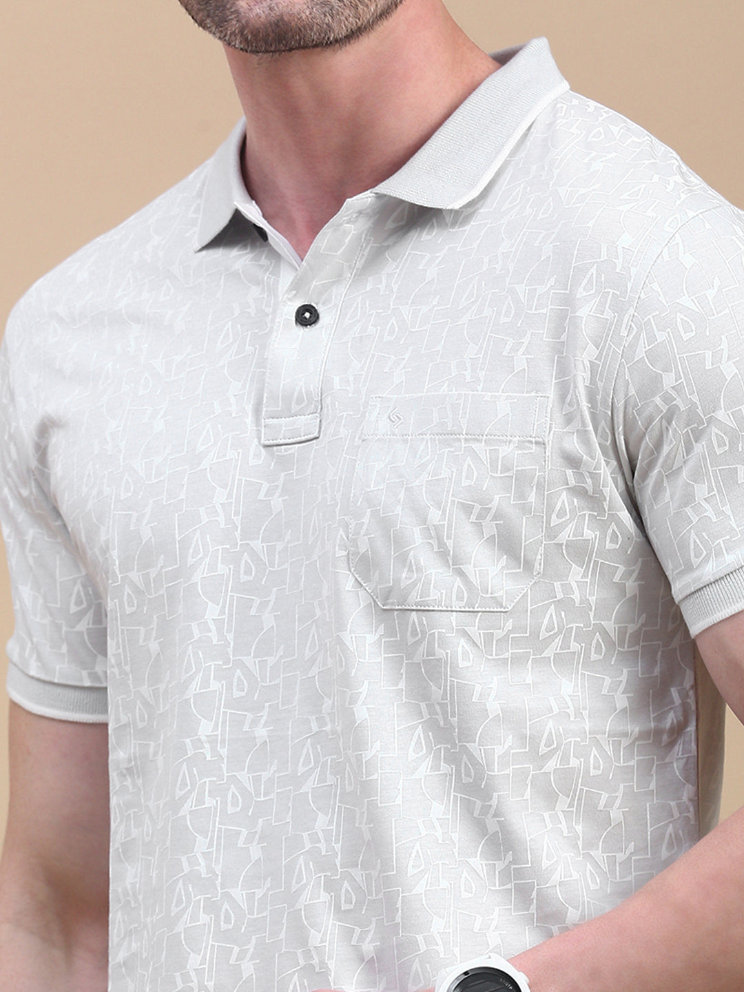 Classic Polo Men's Half Sleeve Lt.Grey/White Polo Neck Slim Fit All Over Print T-Shirt||BELLO - 313 B SF P