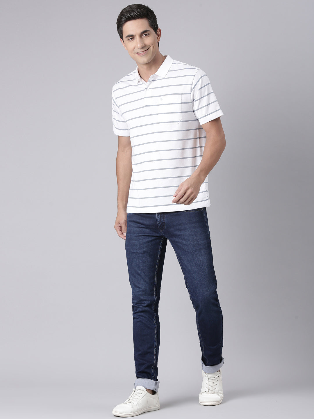 Classic Polo Men's Half Sleeve White/Navy Polo Neck Authentic Fit Striped Cotton T-Shirt | LTS-STR - 83 A AF P