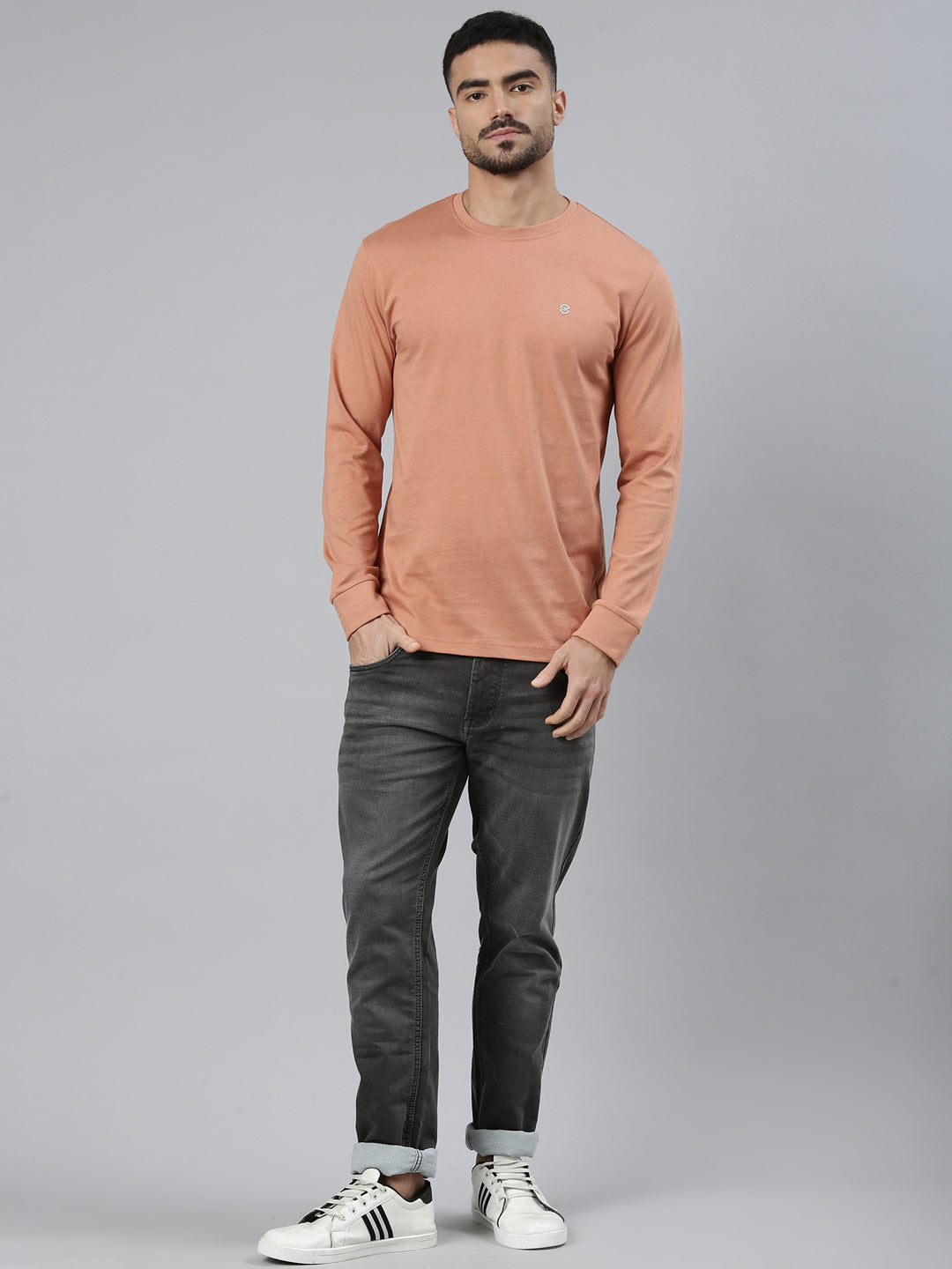 Classic Polo Men's Full Sleeve Brown Crew Neck Slim Fit Solid Cotton T-Shirt | LTS-FSH - 108 D SF C - FS