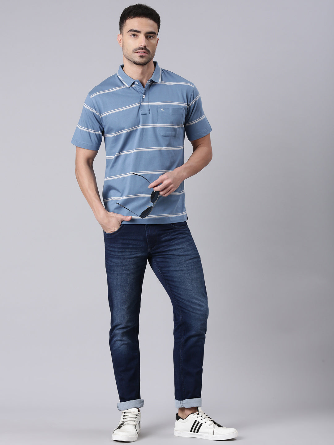 Classic Polo Men's Half Sleeve Blue/White Polo Neck Authentic Fit Striped Cotton T-Shirt | AP - 111 A AF P