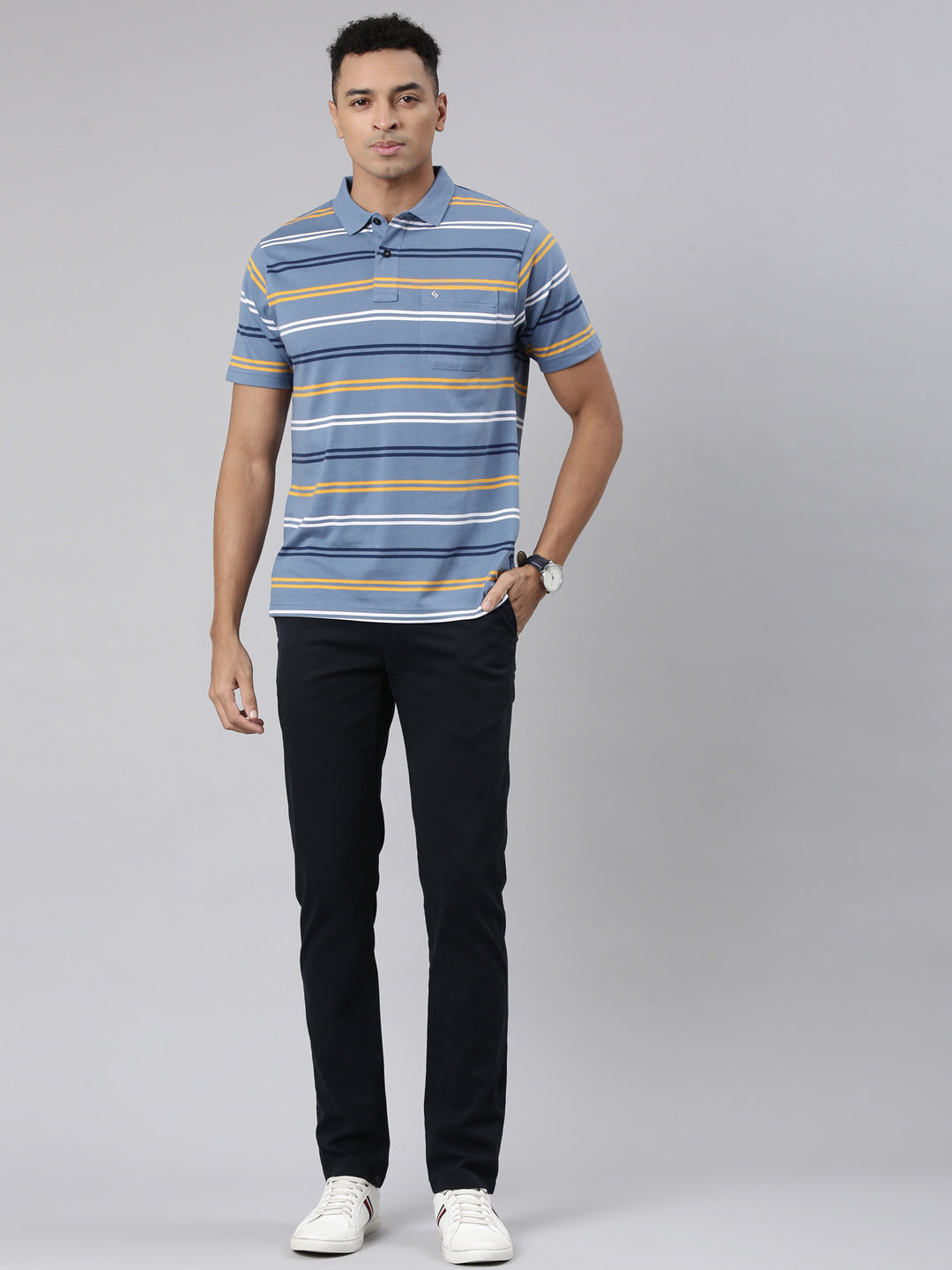 Classic Polo Men's Half Sleeve Blue/Yellow Polo Neck Cotton Blend Authentic Fit T-Shirt | AVON - 573 B AF P