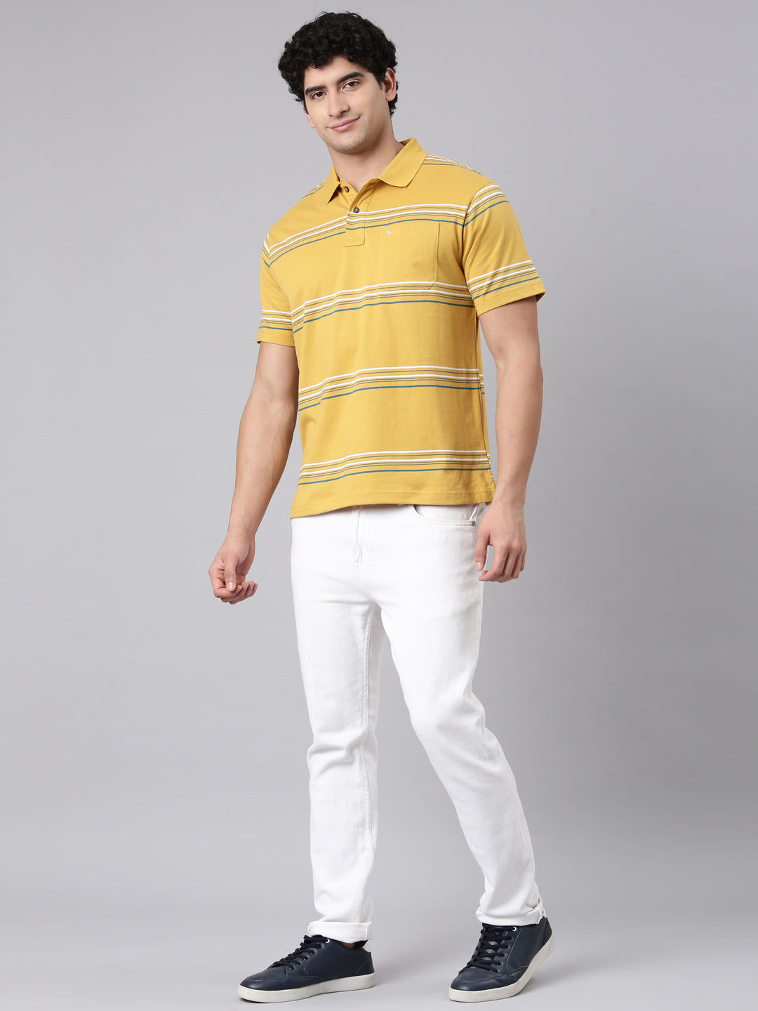 Classic Polo Men's Half Sleeve Yellow Polo Neck Authentic Fit Striped Cotton Blend T-Shirt | AVON - 650 A AF P