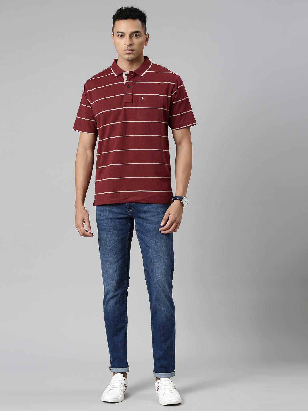 Classic Polo Men's Polo Neck Cotton Navy/Grey Authentic Fit Striped T-Shirt | MEL-253 A AF P