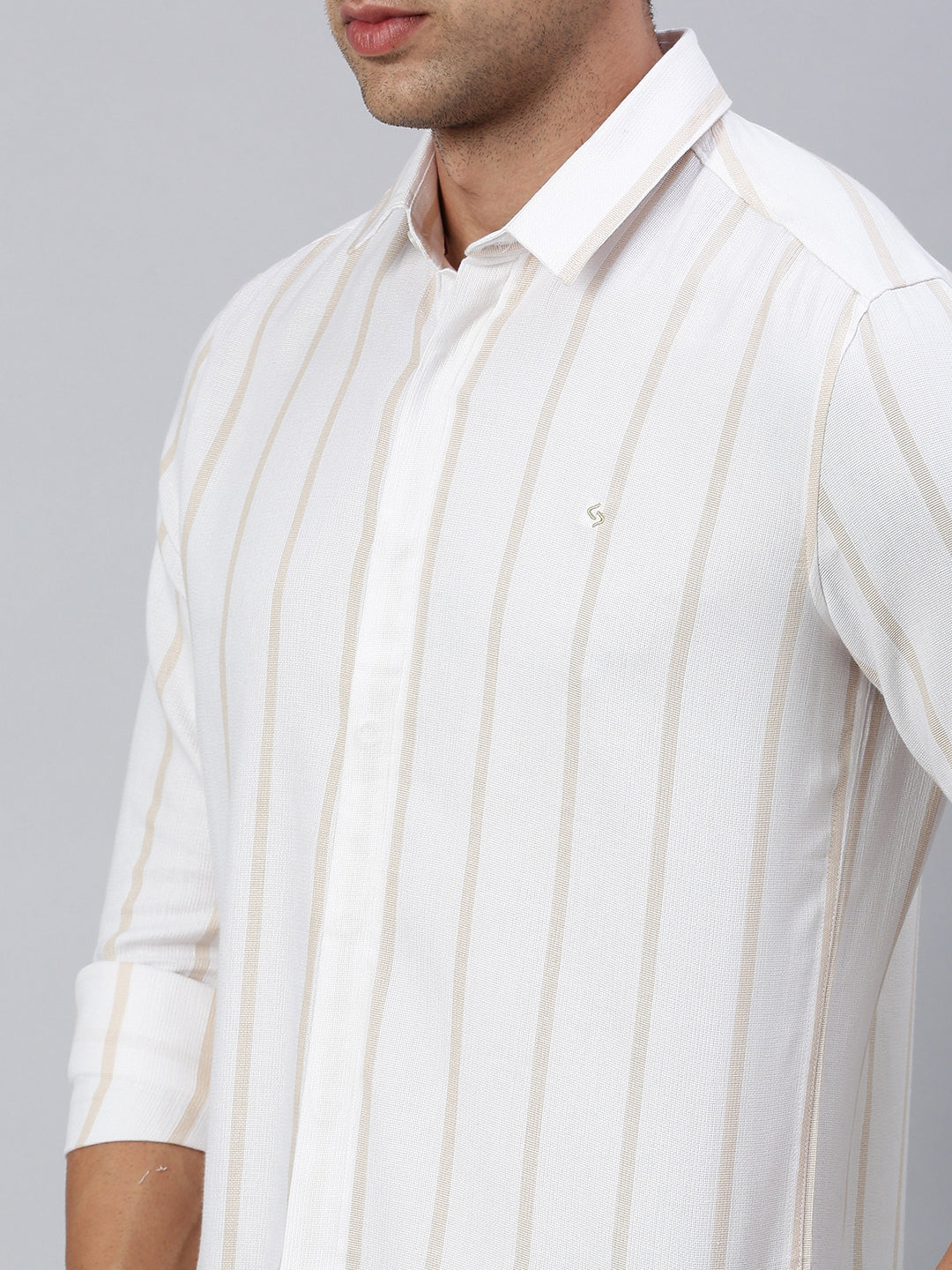 Classic Polo Men's Full Sleeve White/Beige Slim Fit Striped Casual Shirt | SP2-EL-01 C-FS-STR-SF