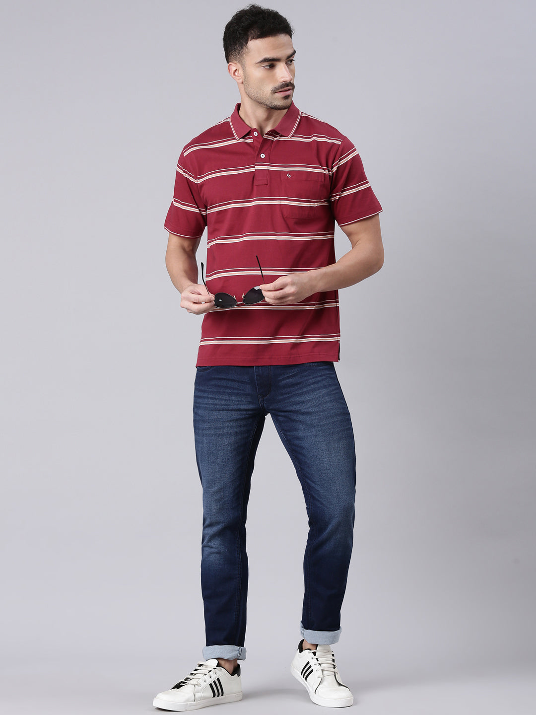 Classic Polo Men's Half Sleeve Maroon/White Polo Neck Authentic Fit Striped Cotton T-Shirt | AP - 111 B AF P