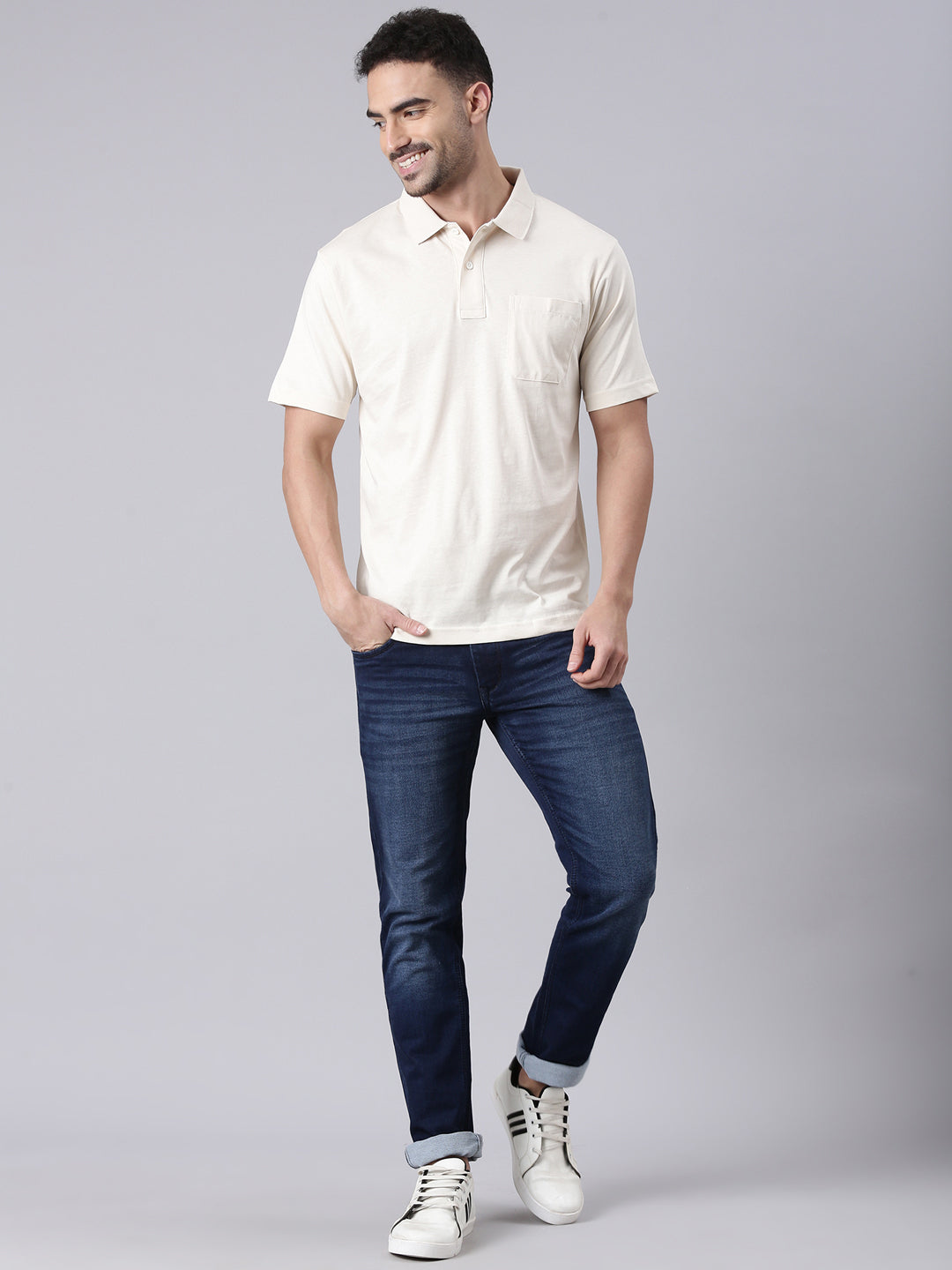 Classic Polo Men's Half Sleeve Ecru Polo Neck Authentic Fit Solid Cotton T-Shirt | TOY-SOLIX-W.GRY AF P