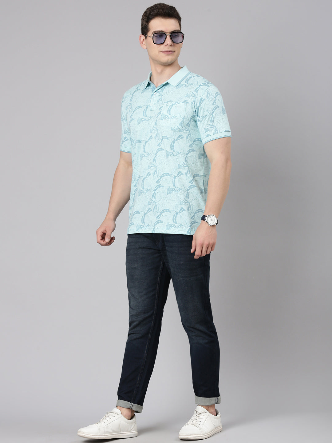 Classic Polo Men's Half Sleeve Aqua Green Polo Neck Slim Fit All Over Print Cotton T-Shirt | BELLO - 356 B SF P