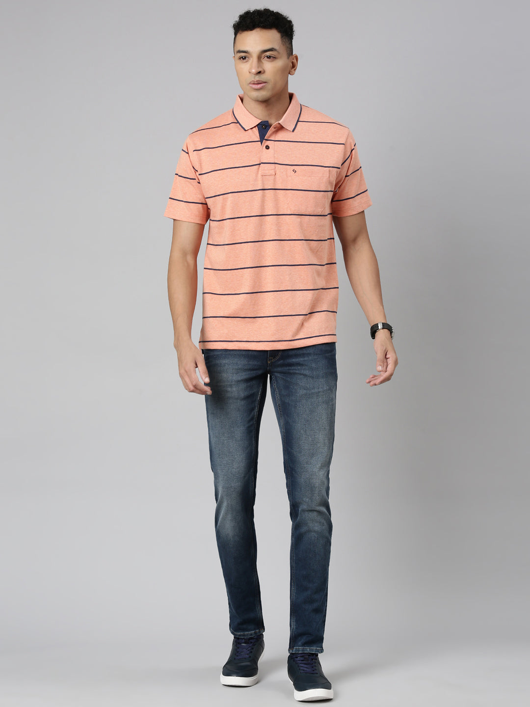 Classic Polo Men's Polo Neck Cotton Navy/Grey Authentic Fit Striped T-Shirt | MEL-253 B AF P
