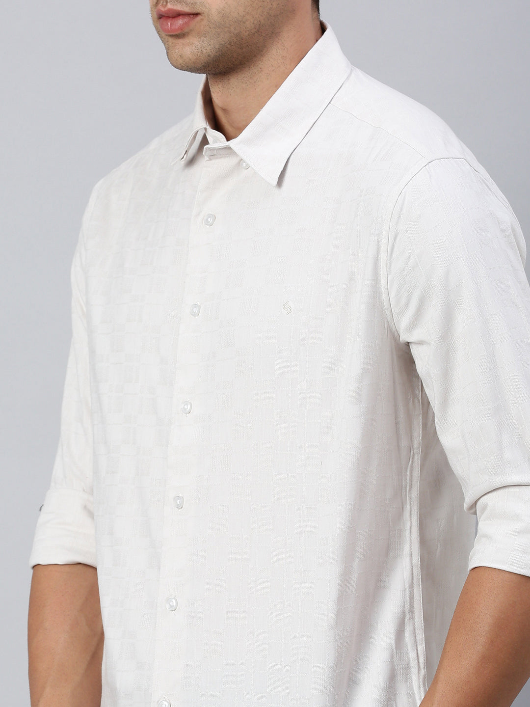 Classic Polo Men's Full Sleeve Off-White Polo Neck Slim Fit Checked Shirt | SP2-CL-35 B-FS-CHK-SF